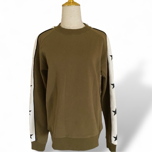 ELLANDEMM Crewneck Sweatshirt White Stripes Black Star Sleeve Detail Olive Green - Picture 3 of 14